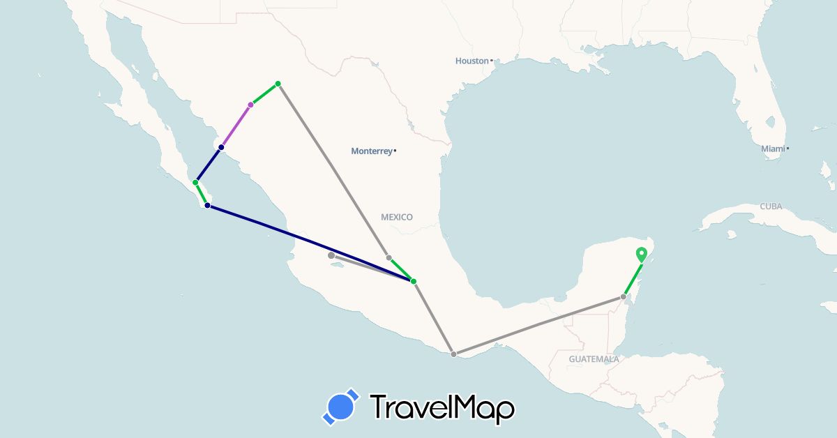 TravelMap itinerary: driving, bus, plane, train in Mexico (North America)