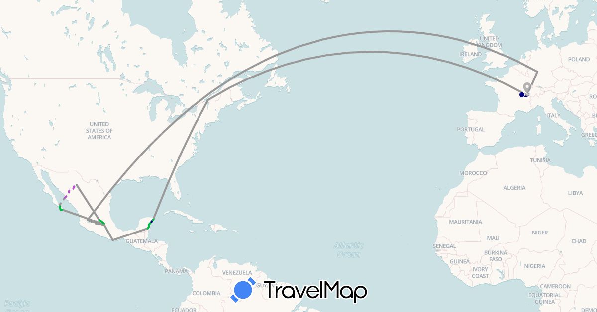 TravelMap itinerary: driving, bus, plane, train in Canada, Switzerland, Germany, France, Mexico (Europe, North America)